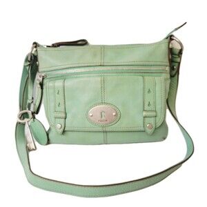 Vintage Fossil Mint Green Cowhide Leather Satchel Crossbody Bag Purse Wth Charms